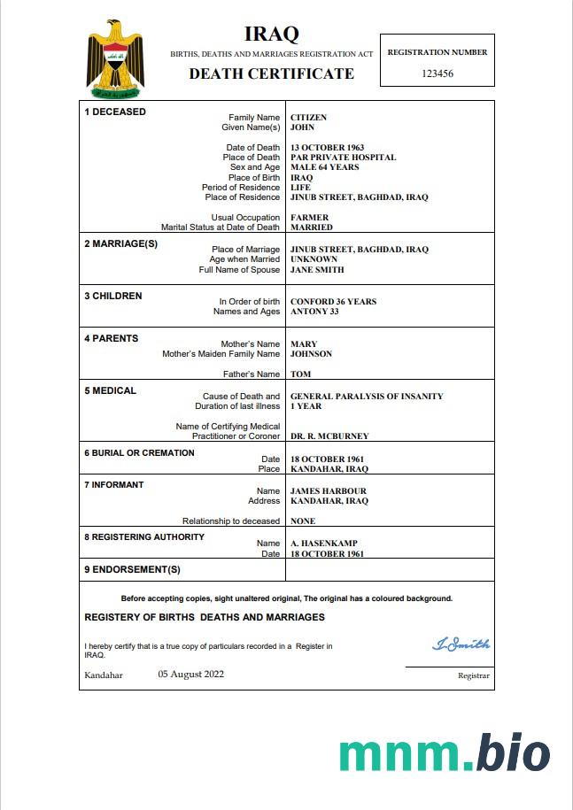 Iraq rekord życiowy śmierć certyfikat Word i PDF szablon
